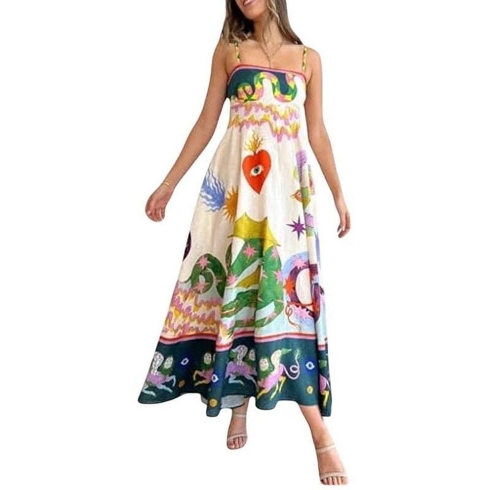 !M?ERFECT Women's multi Boho Abstract Print Straight Neckline Dress